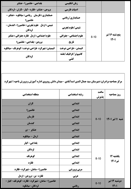 اطلاعیه مصاحبه آزمون استخدامی آموزش و پرورش چهارمحال و بختیاری